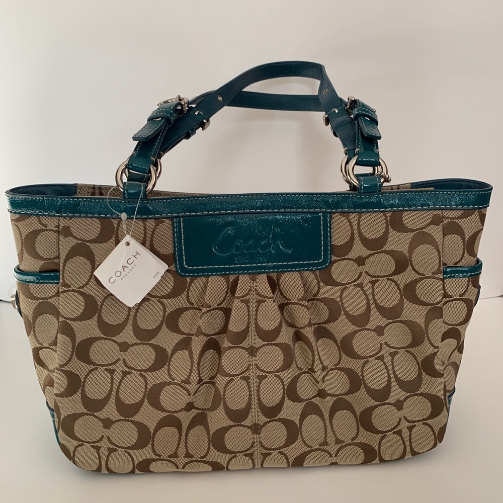 NWT Coach Teal and Brown Signature Fabric Purse